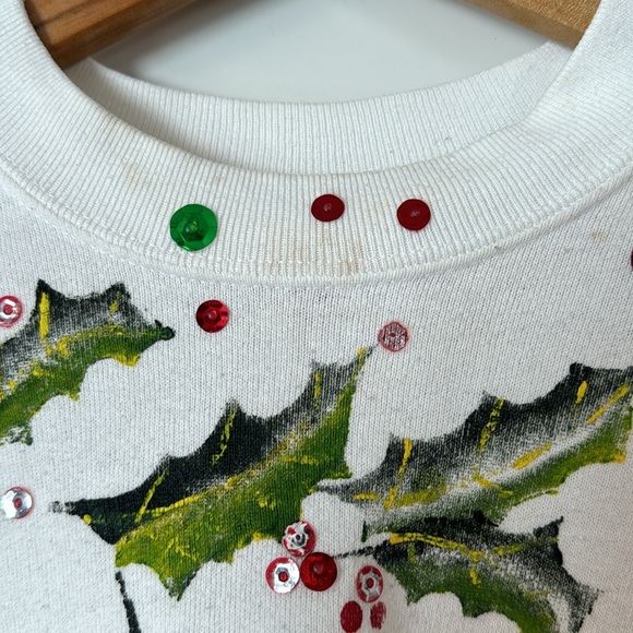 Unique Hand-Painted Vintage Ugly Christmas Sweater mistletoe sequence size Large - Picture 3 of 13